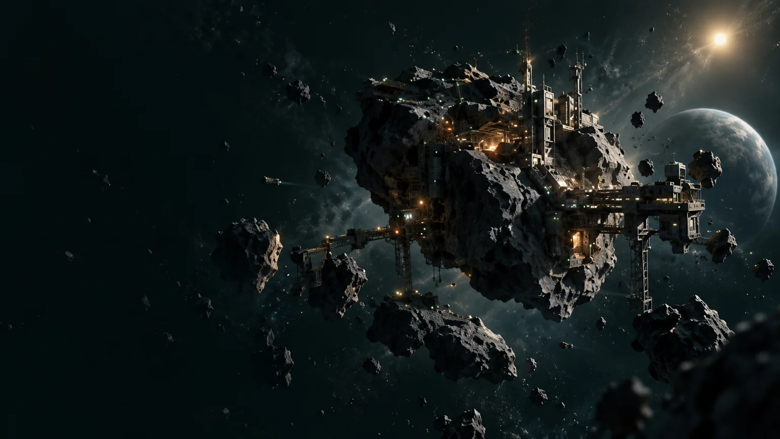 小行星工业聚落与远处行星的概念氛围图；不是实机截图